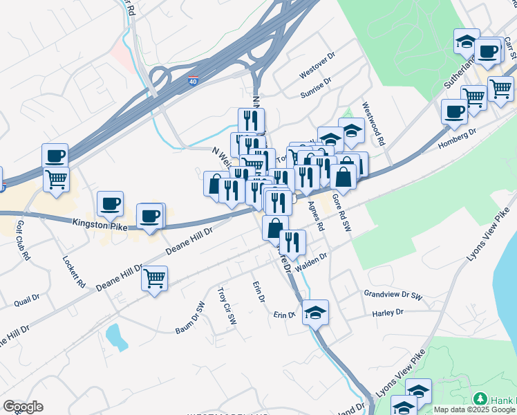 map of restaurants, bars, coffee shops, grocery stores, and more near in Knoxville