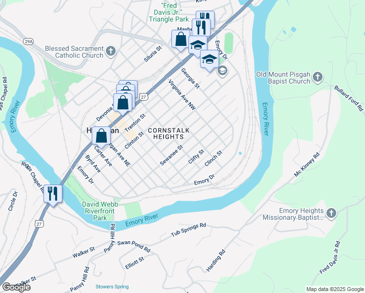 map of restaurants, bars, coffee shops, grocery stores, and more near 518 Sewanee Street in Harriman