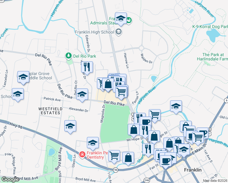 map of restaurants, bars, coffee shops, grocery stores, and more near in Franklin