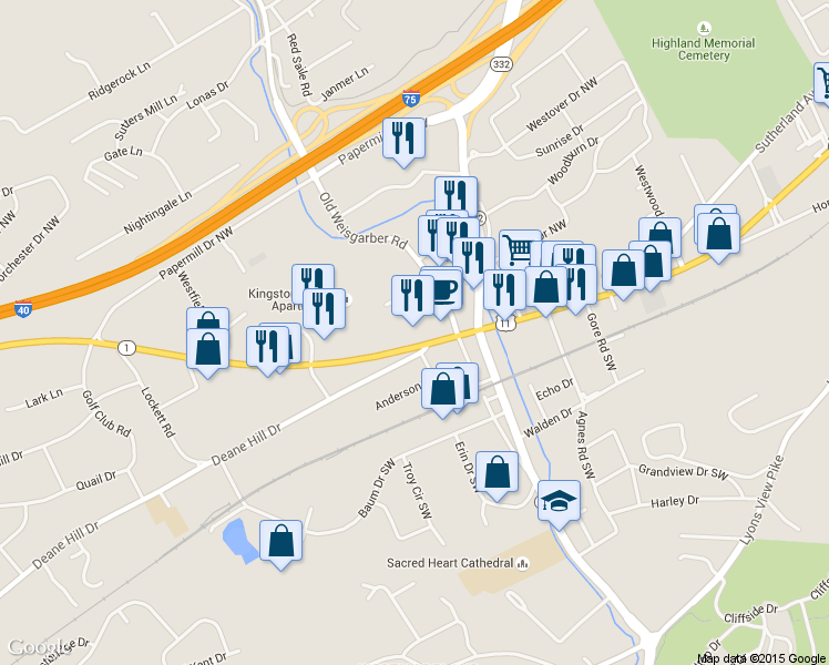 map of restaurants, bars, coffee shops, grocery stores, and more near 6213 Kingston Pike in Knoxville