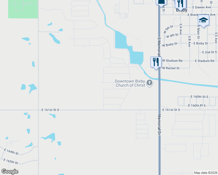 map of restaurants, bars, coffee shops, grocery stores, and more near 7513 East 160th Street South in Bixby