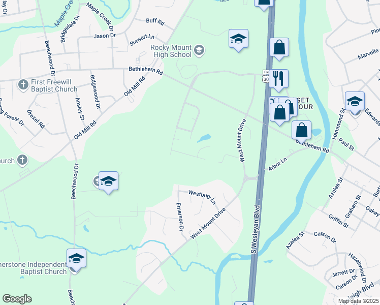 map of restaurants, bars, coffee shops, grocery stores, and more near 1334 Echo Lake Lane in Rocky Mount