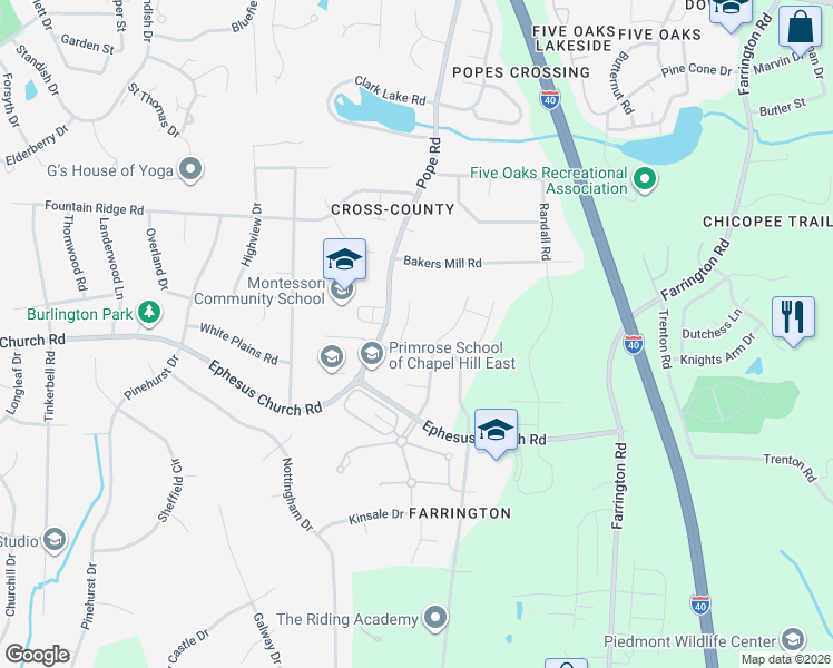 map of restaurants, bars, coffee shops, grocery stores, and more near 5406 Weston Downs Drive in Durham