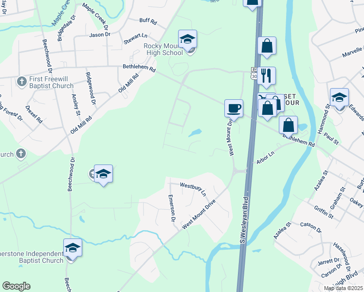 map of restaurants, bars, coffee shops, grocery stores, and more near 1334 Echo Lake Lane in Rocky Mount