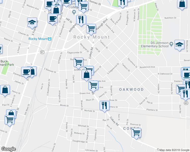 map of restaurants, bars, coffee shops, grocery stores, and more near 415 South Mercer Street in Rocky Mount