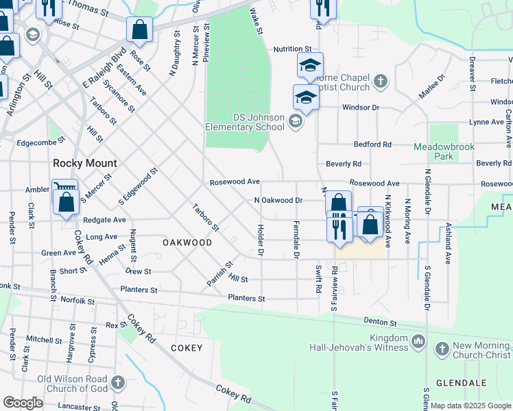 map of restaurants, bars, coffee shops, grocery stores, and more near Holder Drive in Rocky Mount