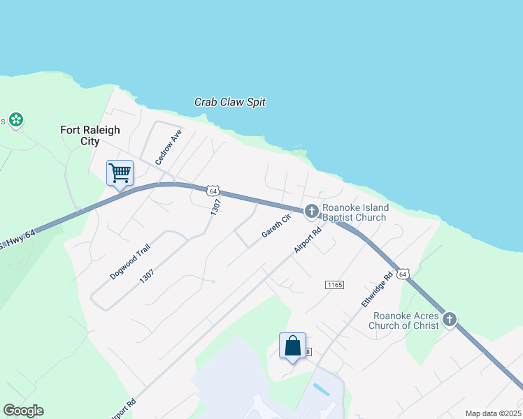 map of restaurants, bars, coffee shops, grocery stores, and more near 100 Brakewood Road in Manteo