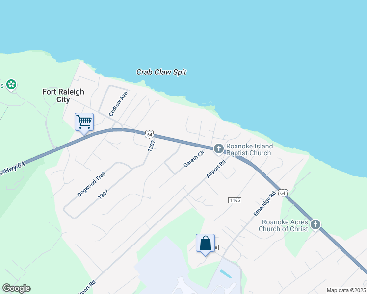 map of restaurants, bars, coffee shops, grocery stores, and more near 100 Brakewood Road in Manteo