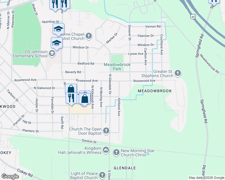 map of restaurants, bars, coffee shops, grocery stores, and more near 300 North Glendale Drive in Rocky Mount