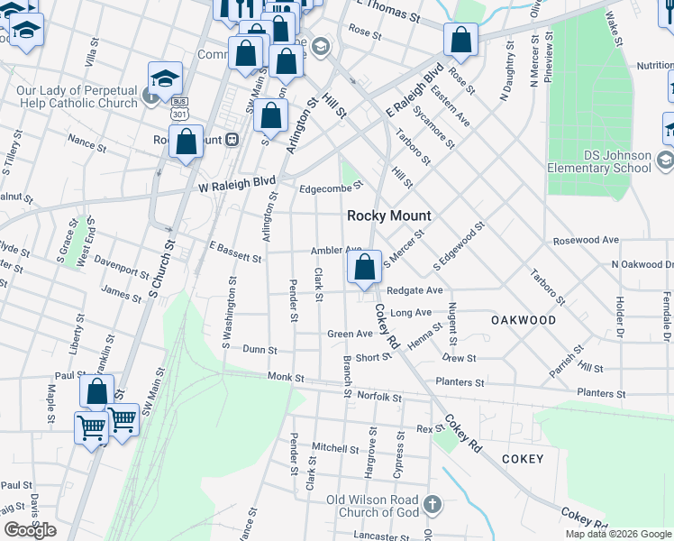 map of restaurants, bars, coffee shops, grocery stores, and more near 508 Redgate Avenue in Rocky Mount