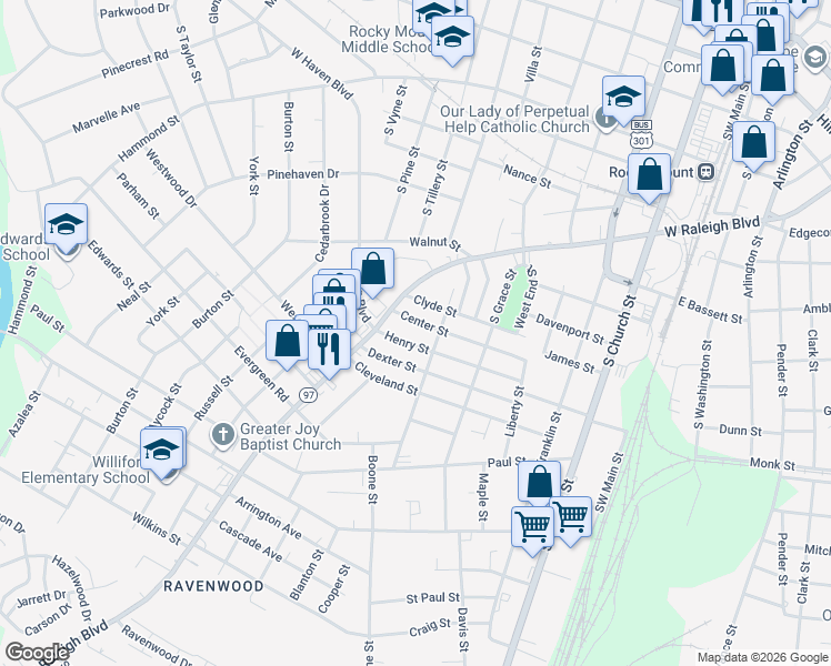map of restaurants, bars, coffee shops, grocery stores, and more near 631 Henry Street in Rocky Mount