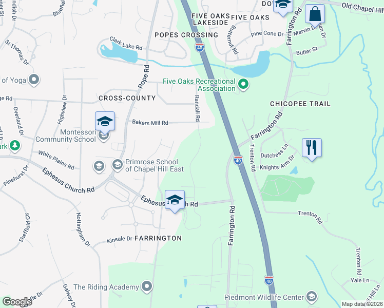map of restaurants, bars, coffee shops, grocery stores, and more near 5336 Ephesus Church Road in Durham