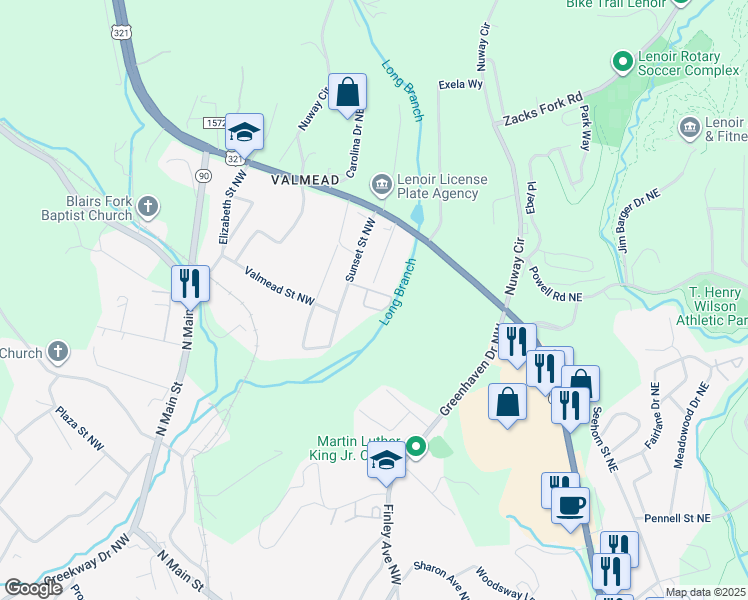 map of restaurants, bars, coffee shops, grocery stores, and more near 211 Sunset Street Northwest in Lenoir