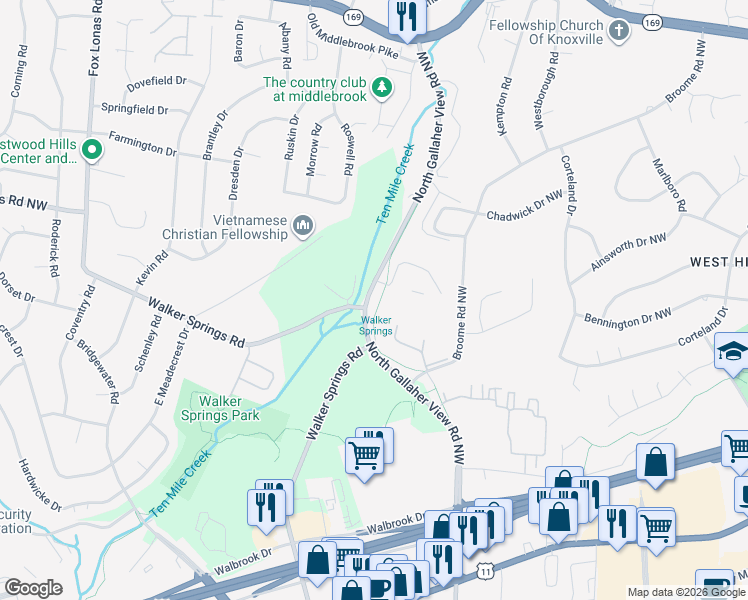 map of restaurants, bars, coffee shops, grocery stores, and more near 609 Walker Springs Road in Knoxville