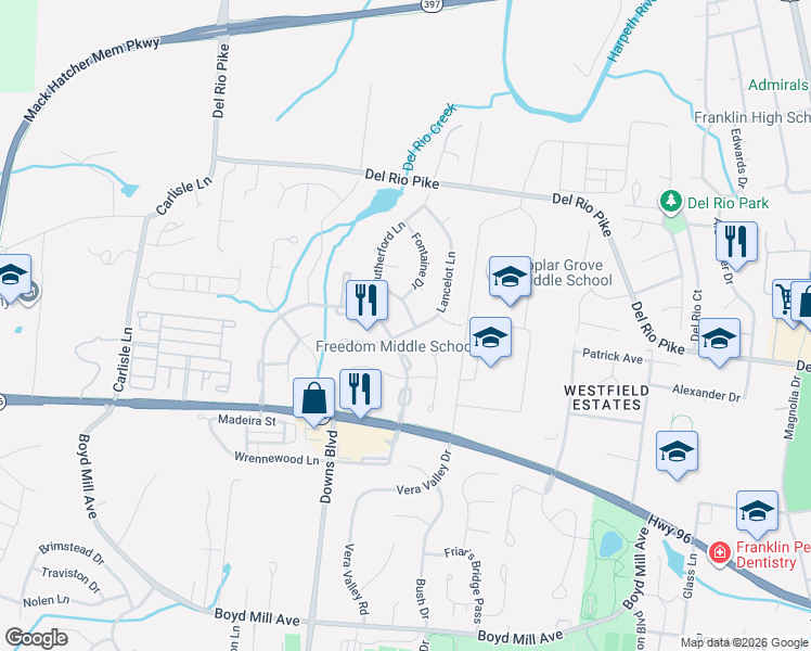 map of restaurants, bars, coffee shops, grocery stores, and more near 323 Devonshire Drive in Franklin