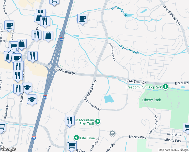map of restaurants, bars, coffee shops, grocery stores, and more near Carothers Pkwy & E McEwen Dr in Franklin