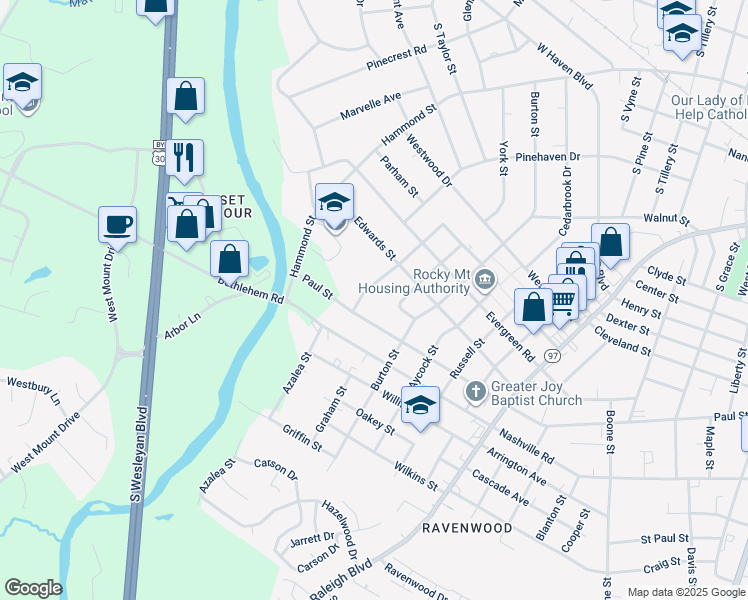 map of restaurants, bars, coffee shops, grocery stores, and more near 1225 Neal Street in Rocky Mount