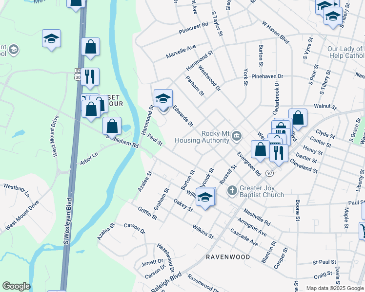 map of restaurants, bars, coffee shops, grocery stores, and more near 1225 Neal Street in Rocky Mount