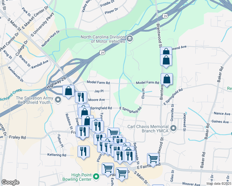 map of restaurants, bars, coffee shops, grocery stores, and more near 304 Jay Place in High Point