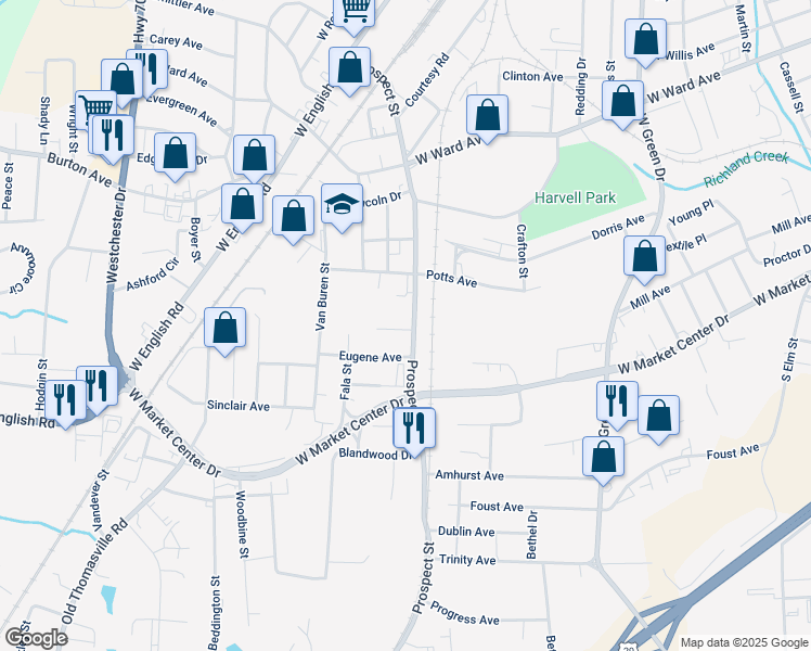 map of restaurants, bars, coffee shops, grocery stores, and more near 804 Prospect Street in High Point