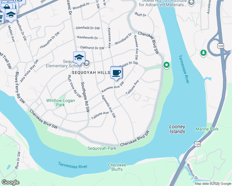 map of restaurants, bars, coffee shops, grocery stores, and more near 3708 Keowee Avenue Southwest in Knoxville