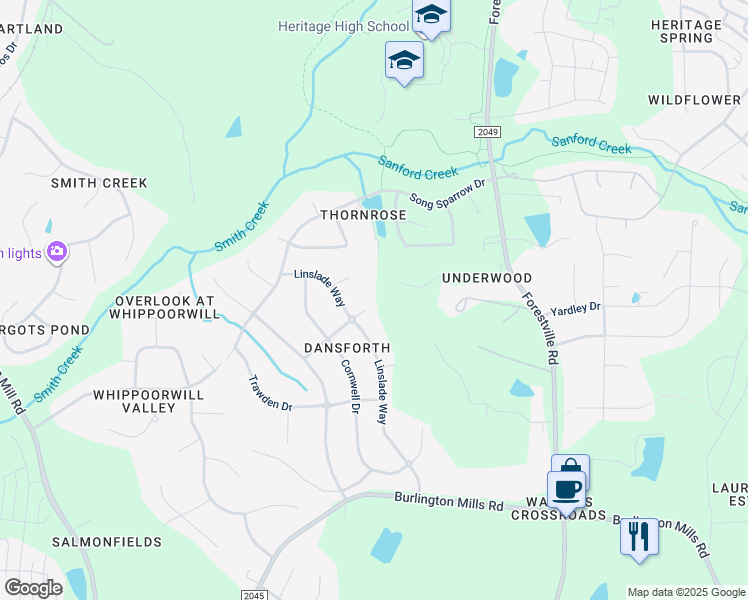 map of restaurants, bars, coffee shops, grocery stores, and more near 3713 Tansley Street in Wake Forest