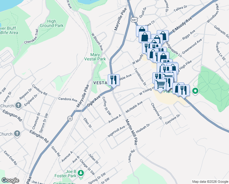 map of restaurants, bars, coffee shops, grocery stores, and more near 4206 Martin Mill Pike in Knoxville