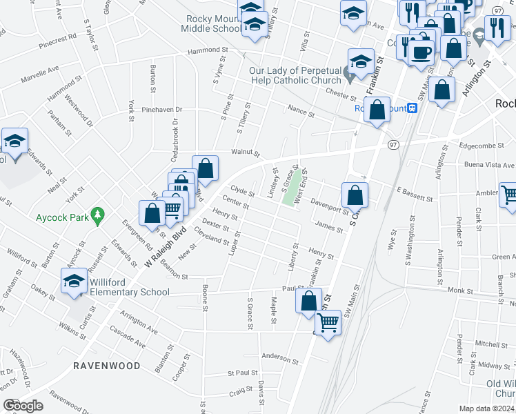 map of restaurants, bars, coffee shops, grocery stores, and more near 536 Henry Street in Rocky Mount