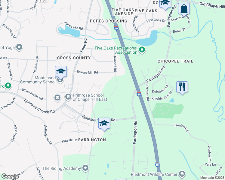 map of restaurants, bars, coffee shops, grocery stores, and more near 5336 Ephesus Church Road in Durham