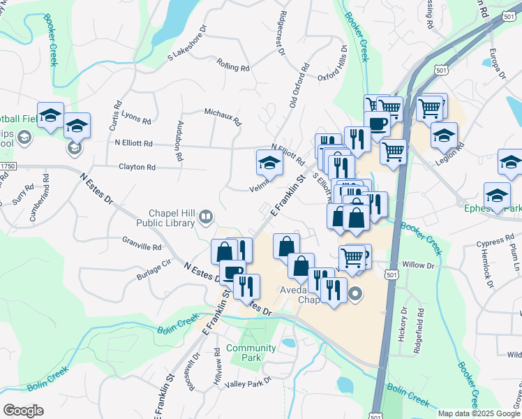 map of restaurants, bars, coffee shops, grocery stores, and more near in Chapel Hill