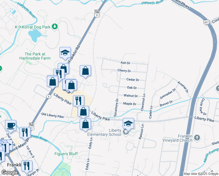 map of restaurants, bars, coffee shops, grocery stores, and more near 400 Sycamore Drive in Franklin