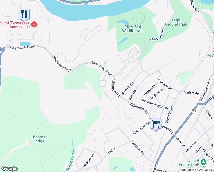 map of restaurants, bars, coffee shops, grocery stores, and more near 4101 Highland Crest Way in Knoxville