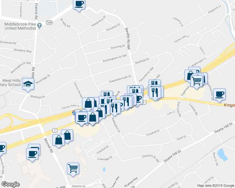 map of restaurants, bars, coffee shops, grocery stores, and more near 7118 West Arbor Trace Drive in Knoxville