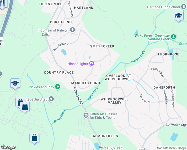 map of restaurants, bars, coffee shops, grocery stores, and more near 9309 Doss Court in Wake Forest