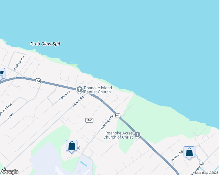 map of restaurants, bars, coffee shops, grocery stores, and more near 125 Willett Tillett Road in Manteo