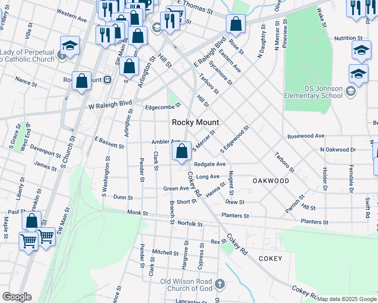 map of restaurants, bars, coffee shops, grocery stores, and more near 521 Cokey Road in Rocky Mount