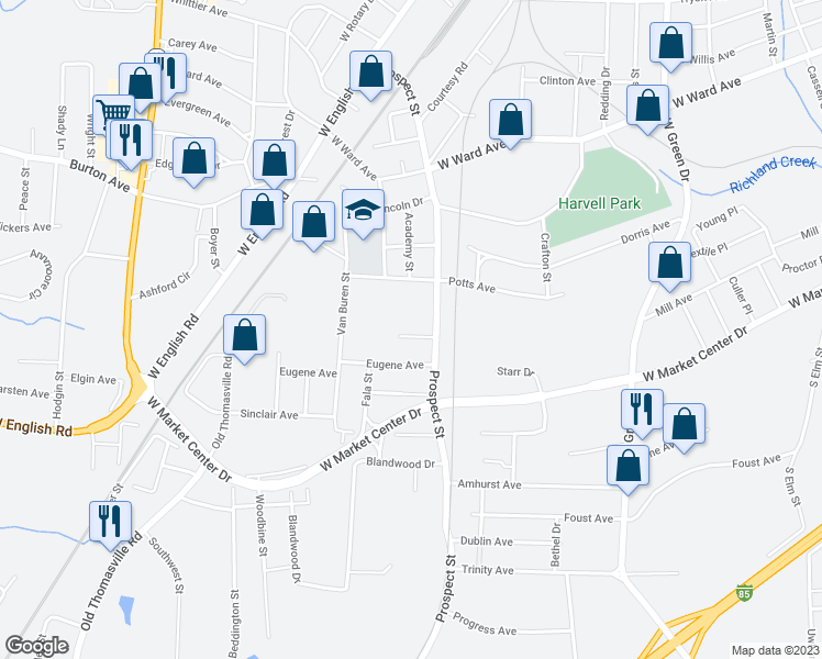map of restaurants, bars, coffee shops, grocery stores, and more near 106 Chase Avenue in High Point