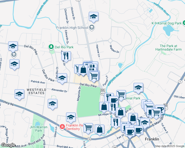 map of restaurants, bars, coffee shops, grocery stores, and more near 3053 Hillsboro Road in Franklin