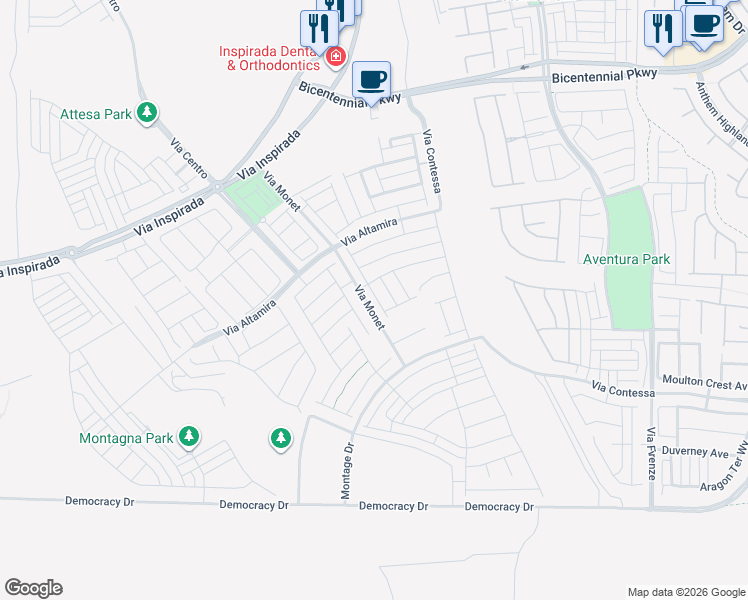 map of restaurants, bars, coffee shops, grocery stores, and more near 2645 Via Monet in Henderson