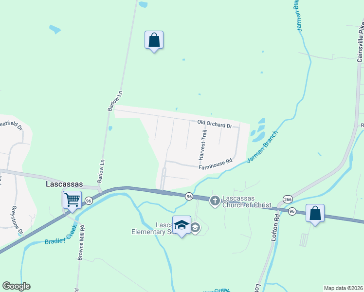 map of restaurants, bars, coffee shops, grocery stores, and more near 7310 Farmington Road in Lascassas