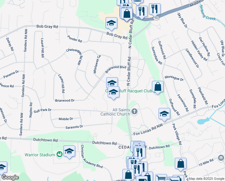map of restaurants, bars, coffee shops, grocery stores, and more near 707 North Cedar Bluff Road in Knoxville