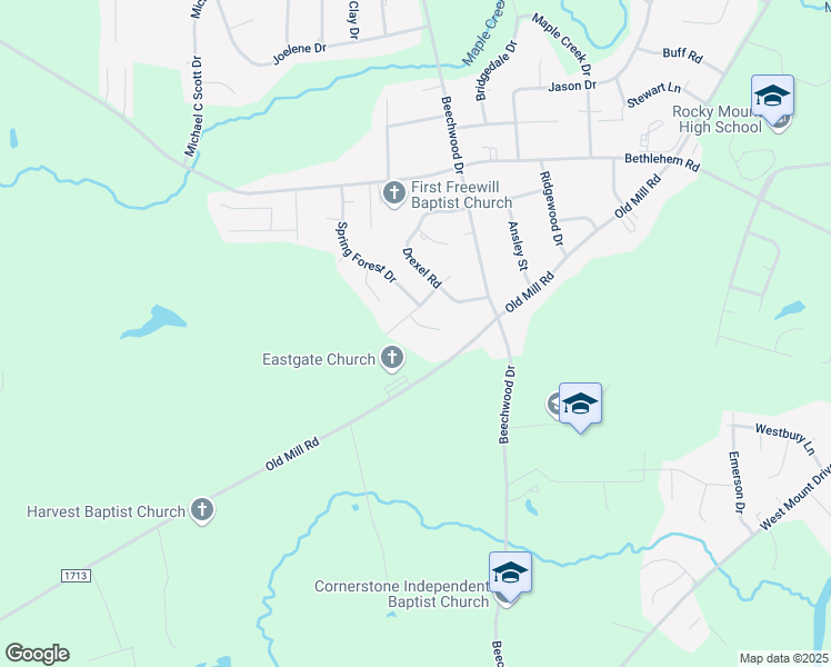 map of restaurants, bars, coffee shops, grocery stores, and more near 107 Jennings Court in Rocky Mount