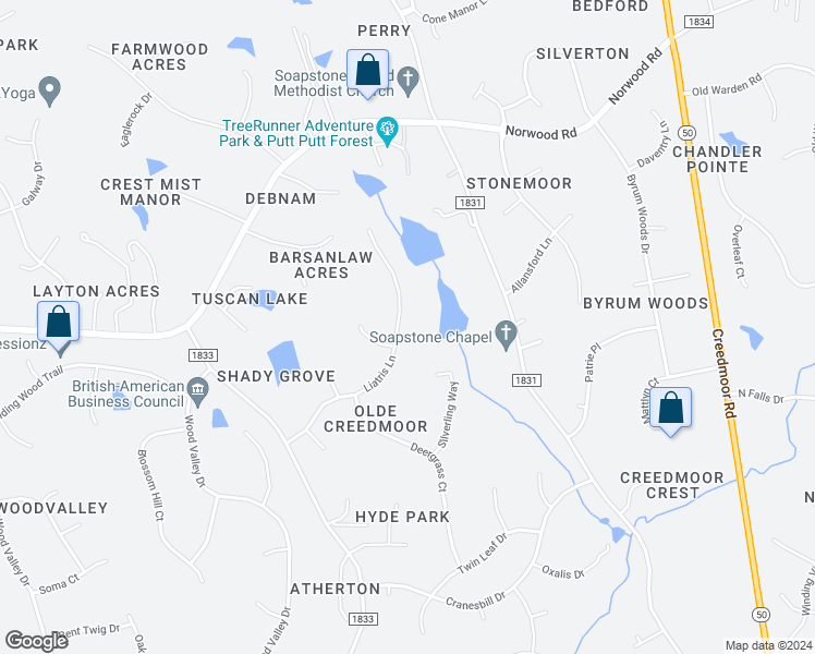 map of restaurants, bars, coffee shops, grocery stores, and more near 1617 Liatris Lane in Raleigh