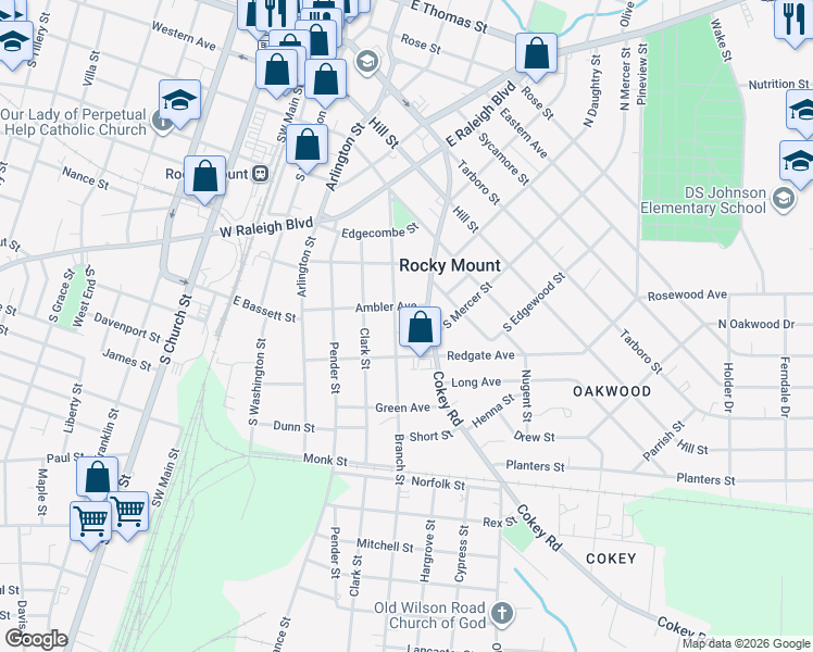 map of restaurants, bars, coffee shops, grocery stores, and more near 540 Cokey Road in Rocky Mount