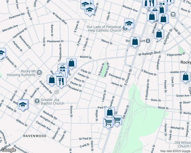 map of restaurants, bars, coffee shops, grocery stores, and more near 509 Clyde Street in Rocky Mount