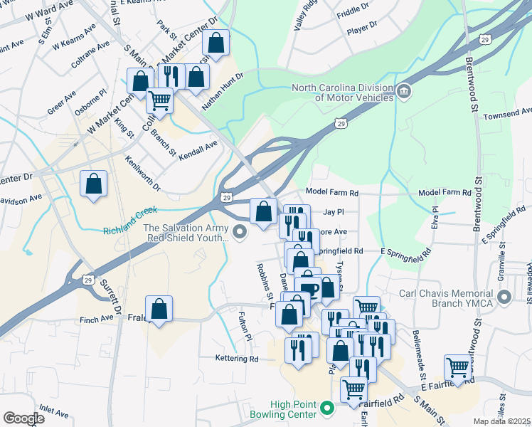 map of restaurants, bars, coffee shops, grocery stores, and more near 122 Southwest Cloverleaf Place in High Point