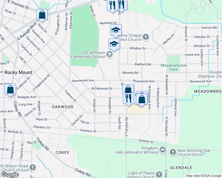 map of restaurants, bars, coffee shops, grocery stores, and more near 1404 Eastern Avenue in Rocky Mount