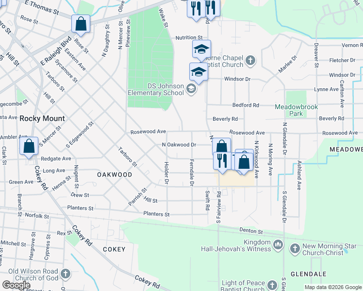 map of restaurants, bars, coffee shops, grocery stores, and more near 1314-1318 Eastern Avenue in Rocky Mount