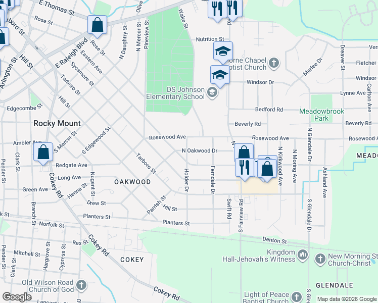 map of restaurants, bars, coffee shops, grocery stores, and more near 1223-1227 Eastern Avenue in Rocky Mount