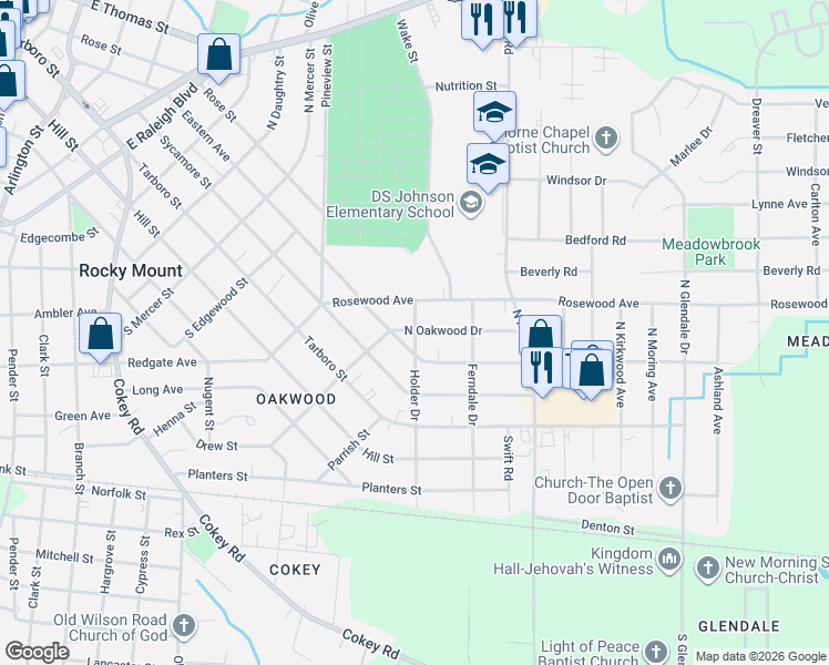 map of restaurants, bars, coffee shops, grocery stores, and more near 1223-1227 Eastern Avenue in Rocky Mount